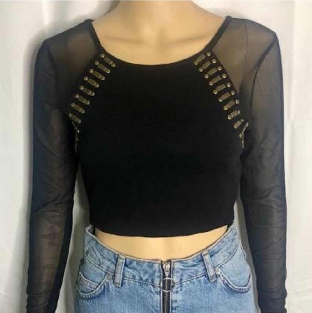 Bebe black mesh long sleeve crop top M
